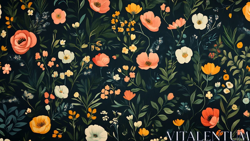 Botanical Floral Pattern on Deep Navy Background.