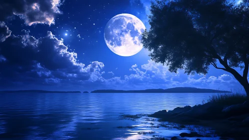 Digital painting moonlit lake with silhouetted shoreline tree.