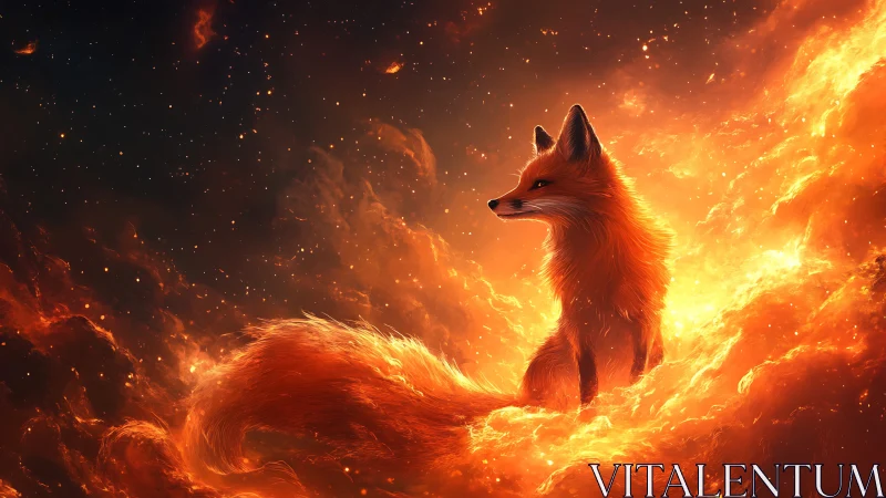 Firelit fox emerges inside swirling cosmic nebula blaze.