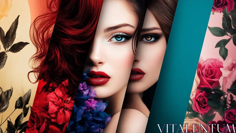 Dual female portraits merge through floral color panels