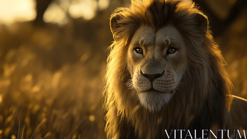 Golden-hour lion gazes over the savanna in quiet majesty