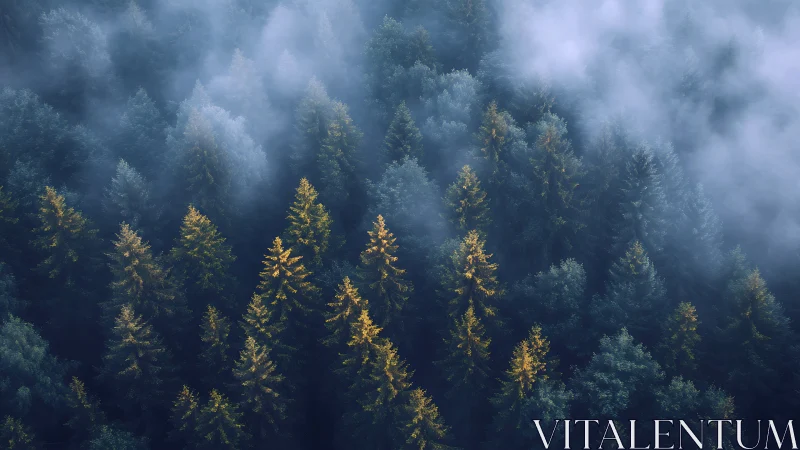 Sunlit conifer treetops rising through dense morning fog.