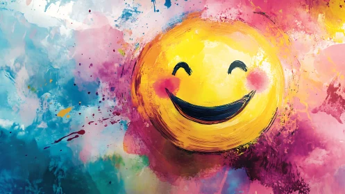 Smiley face icon appears within multicolored abstract paint field