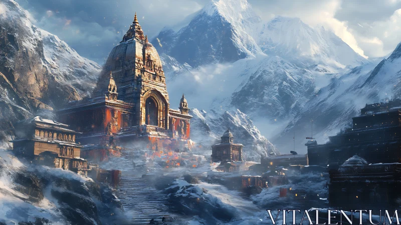 Sacred mountain temple glows warmly amid snow covered peaks