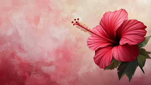 Red Hibiscus Flower Against Soft Pink Gradient Background.