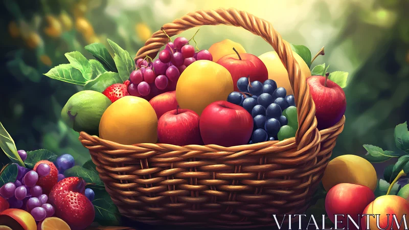 Sunlit wicker harvest cradles jewel-bright summer fruits