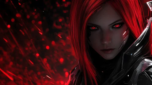 Cybernetic red‑haired operative with luminous ocular implants.