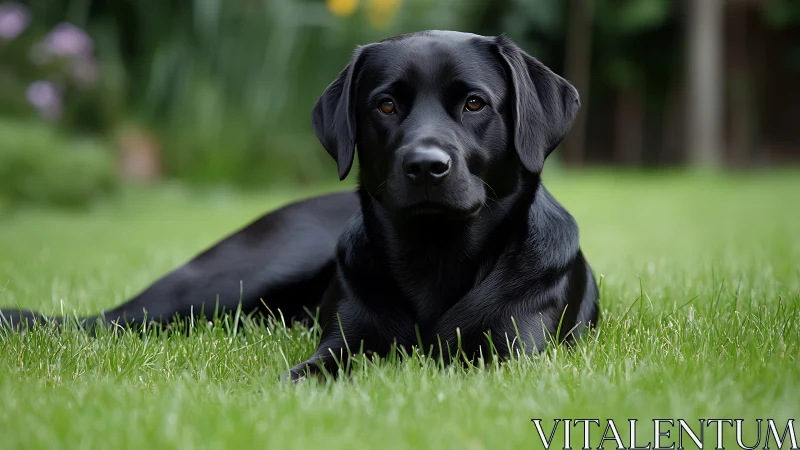 Black Labrador lying on green lawn in outdoor garden setting.