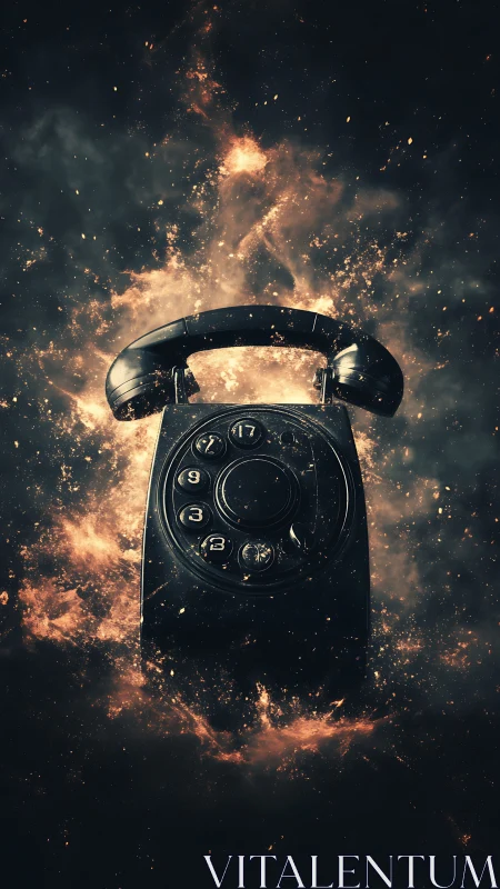 Rotary telephone in midair with dispersing fiery particles.