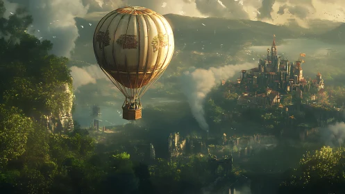 Hot air balloon over dense valley landscape and distant city.