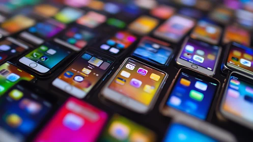 Colorful smartphone screens creating a lively digital mosaic.