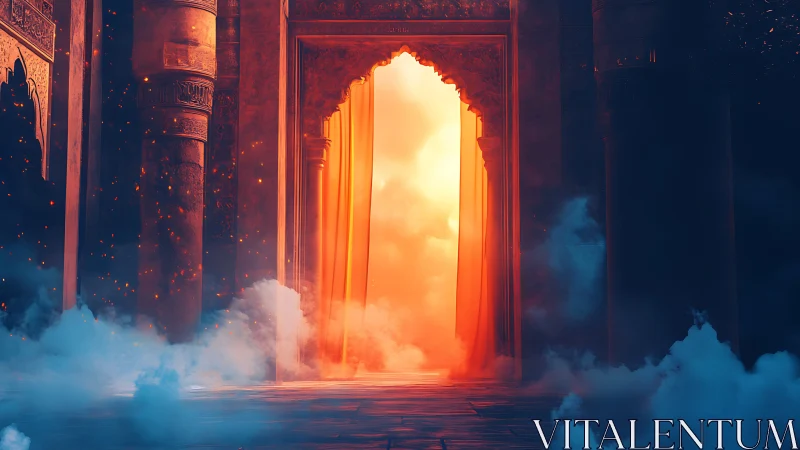Blazing Temple Gateway Breathing Firelight Into Mist.