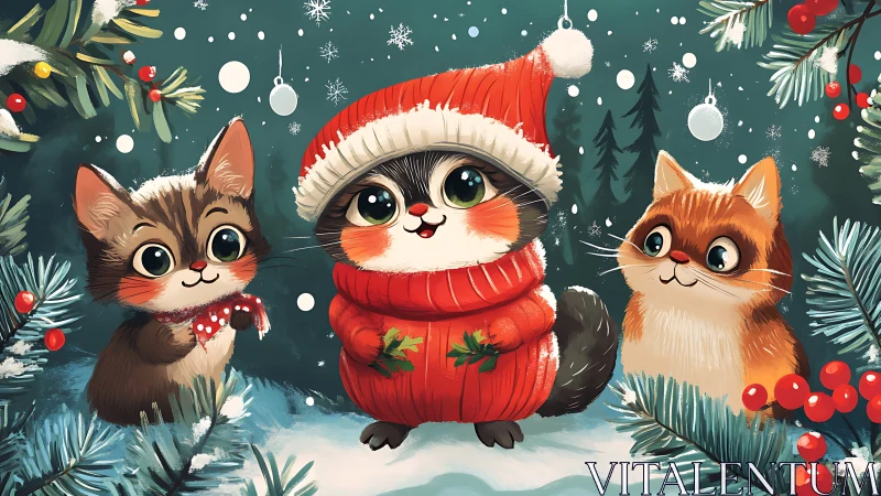 Three anthropomorphic cats rendered with festive holiday attire in winter scene composition