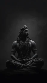 Monochrome meditative deity statue in dramatic low light.