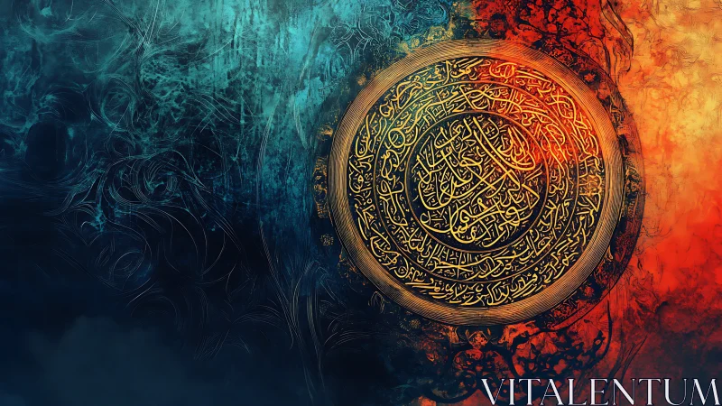 Radiant golden calligraphy medallion between fire and mist.