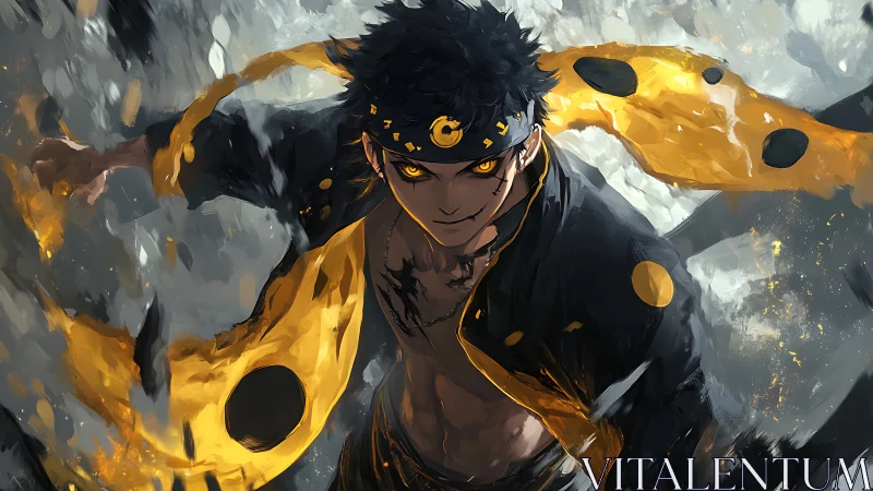 Fierce anime hero glowing with fiery golden power.