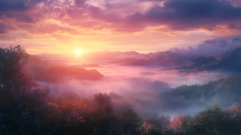 Sunrise light spills over misty valley and distant hills