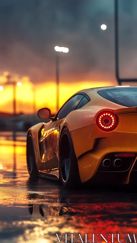 Yellow supercar burns wet asphalt under neon sunset glow.