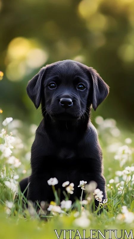 Black Labrador puppy portrait in shallow depth meadow light