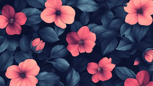 Coral blossoms contrast with deep teal foliage on navy ground