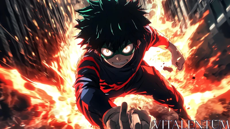 Fiery hero charging forward through a blazing city street.