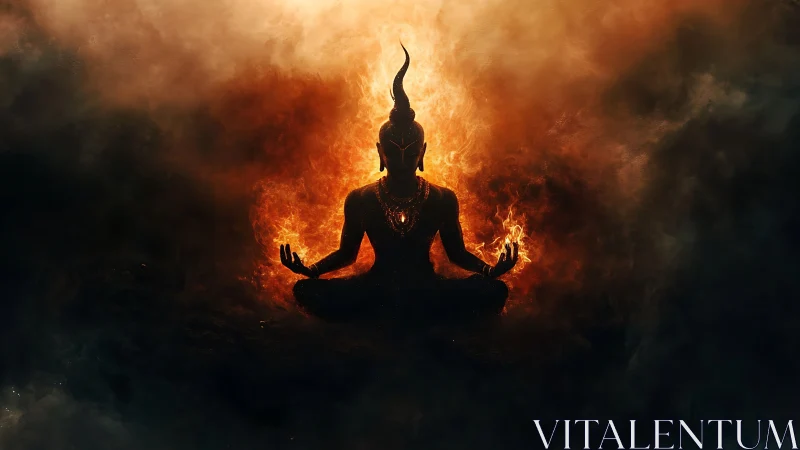 Silhouetted fiery deity figure sits meditating in flames