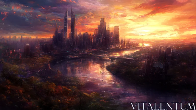 Glowing futuristic river city welcomes the last light of sunset
