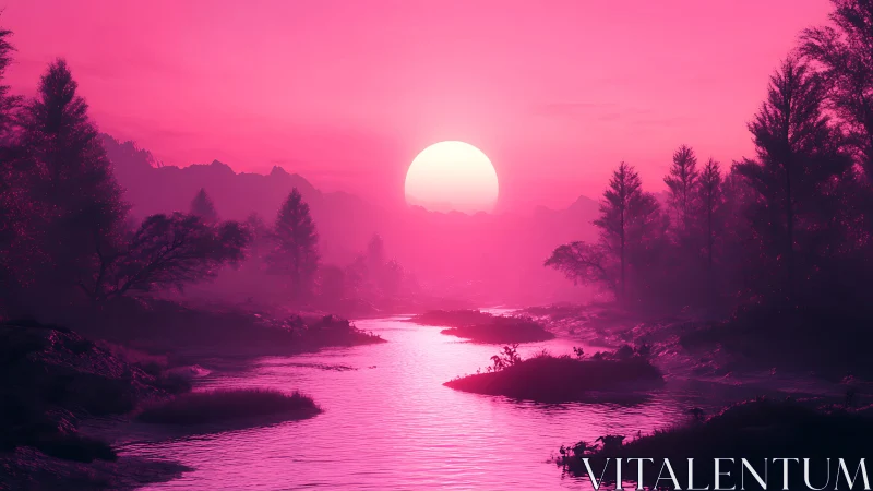 Neon magenta river valley reflects low digital sun perfectly
