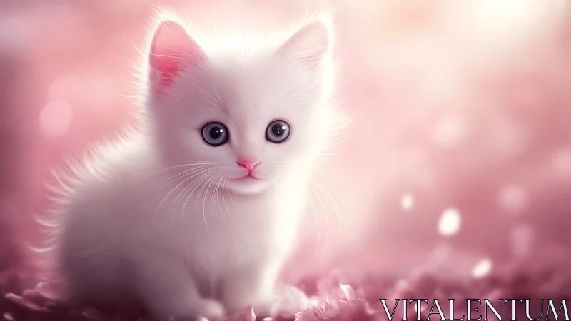 White feline specimen in soft pink environment.