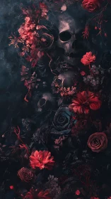 Human skulls intertwined with red flowers on dark backdrop.