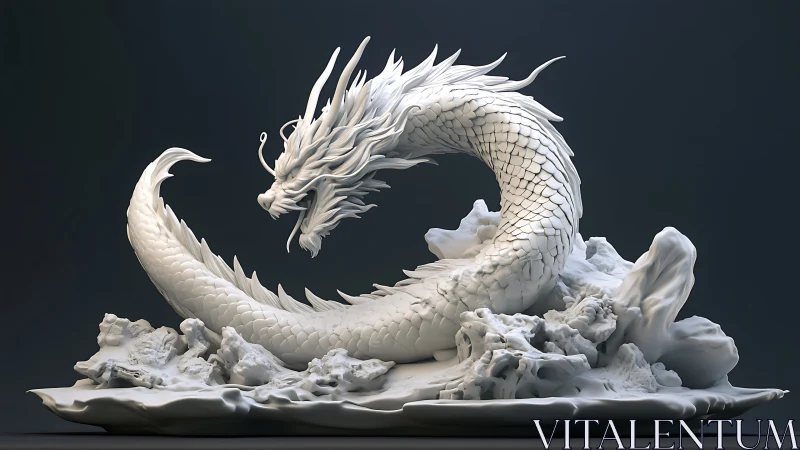 Coiled porcelain dragon frozen mid‑storm over silent waves.