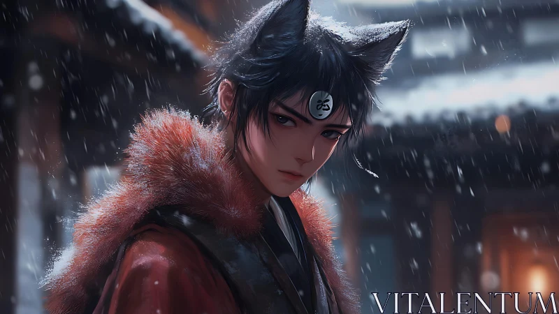 Snowlit fox-eared warrior in fur mantle under falling snow