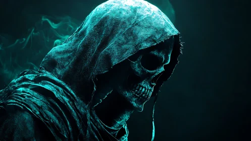 Hooded skeletal reaper rendered in cyan backlit digital chiaroscuro