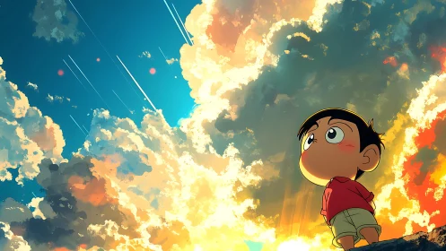 Child gazing at radiant sunset sky with falling streaks.
