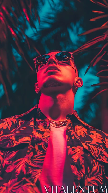 Neon-tropical swagger under electric palm shadows at dusk.