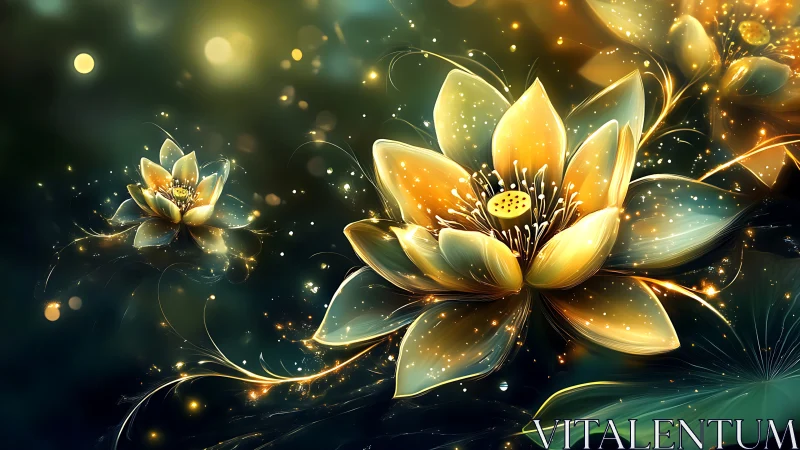 Luminous lotus blossoms rendered with bokeh, glow effects and radial light gradients
