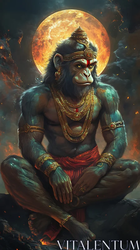 Divine simian warrior meditating beneath a burning moon.