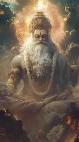 Colossal celestial sage in lotus pose amid volumetric clouds