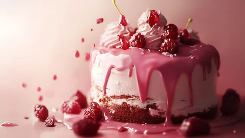 Raspberry Layer Cake with Pink Drip Glaze and Fresh Berries