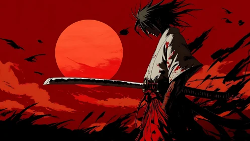 Bloodlit ronin beneath the devouring red sun sky.