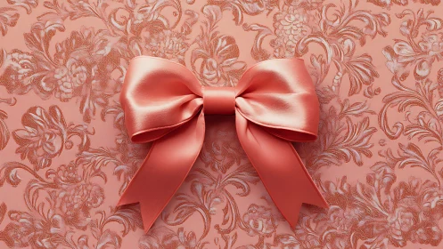 Three-dimensional silk ribbon bow with bilateral symmetry rendered on ornamental damask background