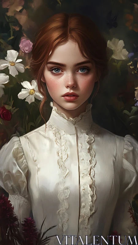 Young red-haired girl stands poised among soft garden blooms