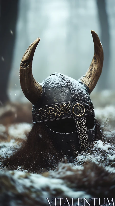 Snow-dusted Viking helmet rests solemnly in a misty forest