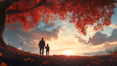 Digital painting of autumn silhouettes beneath sunset canopy.