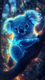 Glowing koala cuddles a branch in a softly enchanted forest