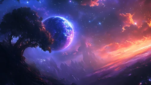 Starlit alien horizon welcomes a glowing planet at sunset