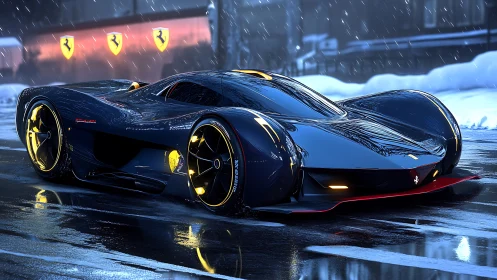 Futuristic Ferrari concept hypercar stands on wet city street