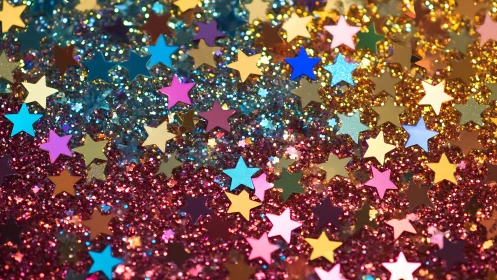 Multicolor star confetti over sparkling glitter field.