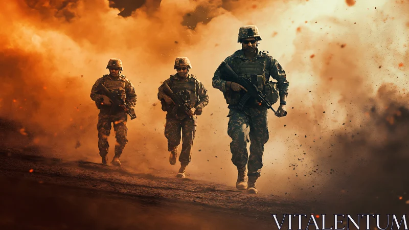 Armed soldiers advance through blazing battlefield smoke