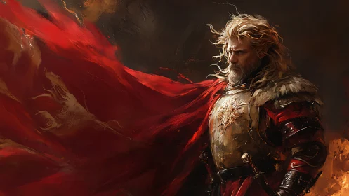 Storm-hearted warrior wrapped in wild crimson wind.